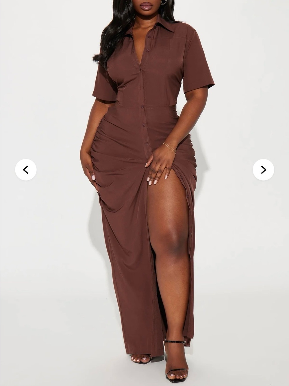 Brown Button-Front Maxi Dress with Side Ruched Slit